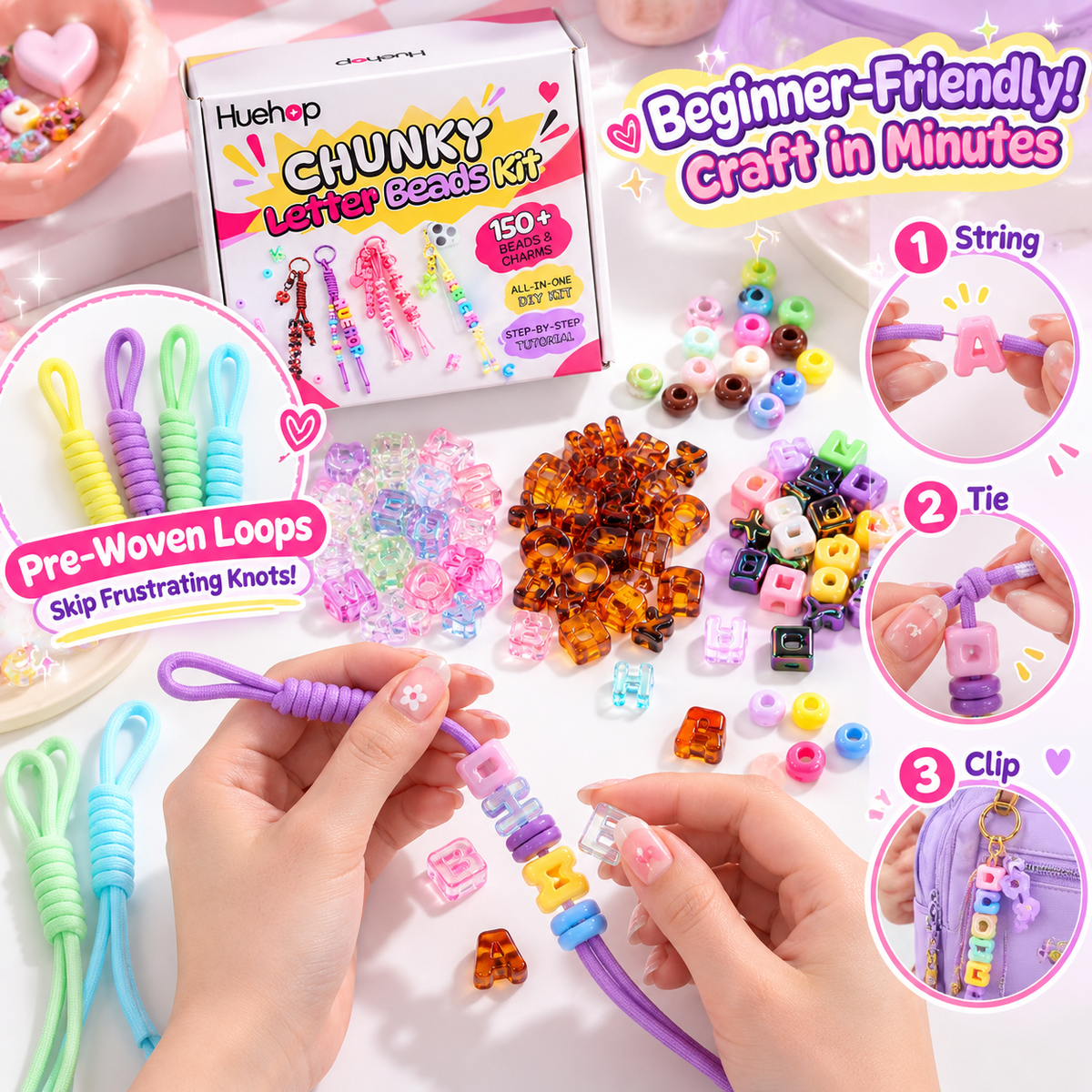 Huehop 150+ Pcs Chunky Letter Beads DIY Keychain & Bag Charm Kit