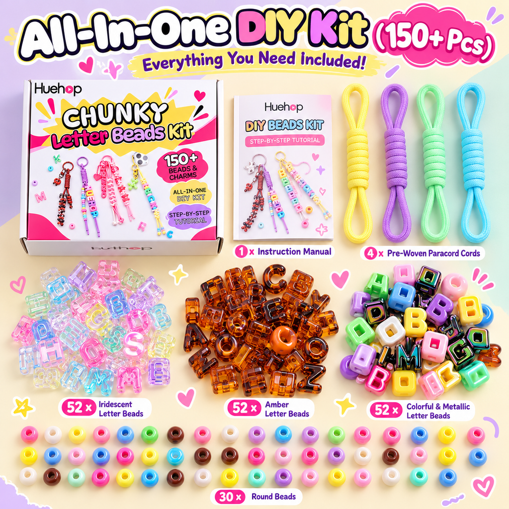 Huehop 150+ Pcs Chunky Letter Beads DIY Keychain & Bag Charm Kit