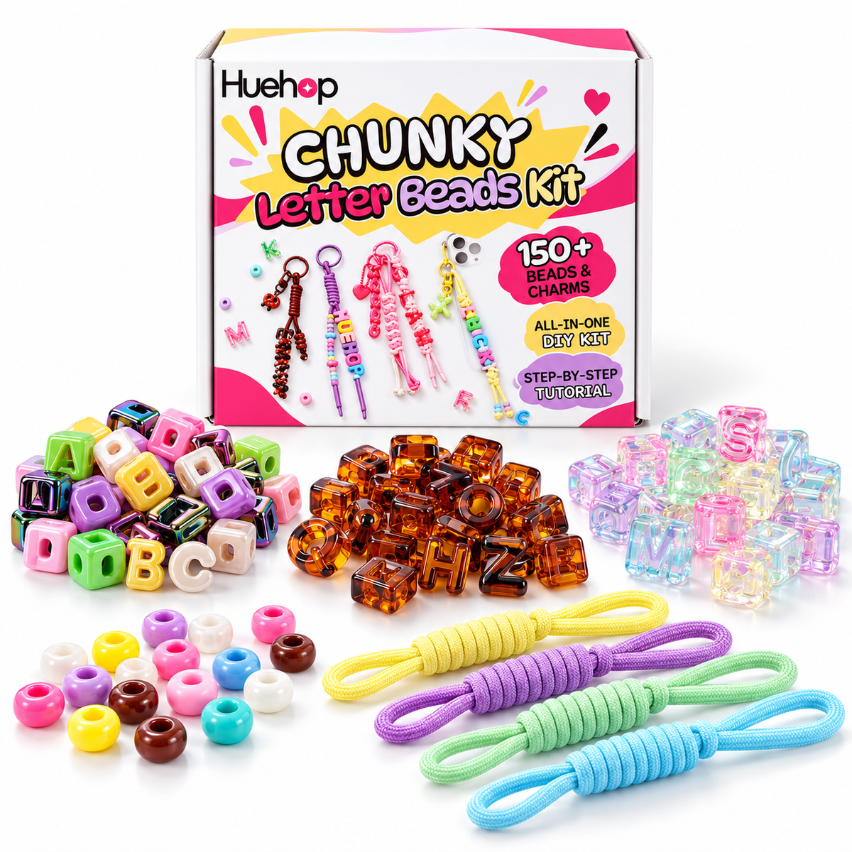 Huehop 150+ Pcs Chunky Letter Beads DIY Keychain & Bag Charm Kit